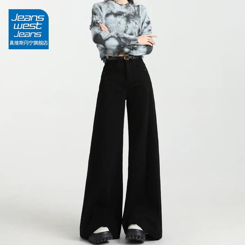Jeanswest qara rəngli, yun astarlı, geniş ayaqlı qadın cins şalvarı, qış üslubunda, yüksək belli, geniş formalı, arıqladıcı, yerə qədər uzanan şalvar.