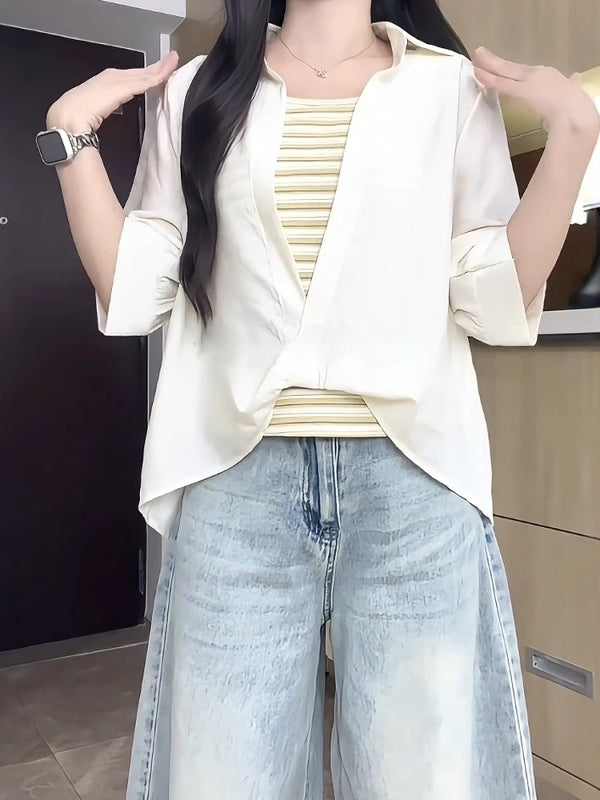 Böyük ölçülü qadınlar üçün 2026 yay yeni stilində boş yamaqlı iki hissəli köynək, arıqladıcı gündəlik qısaqol köynək