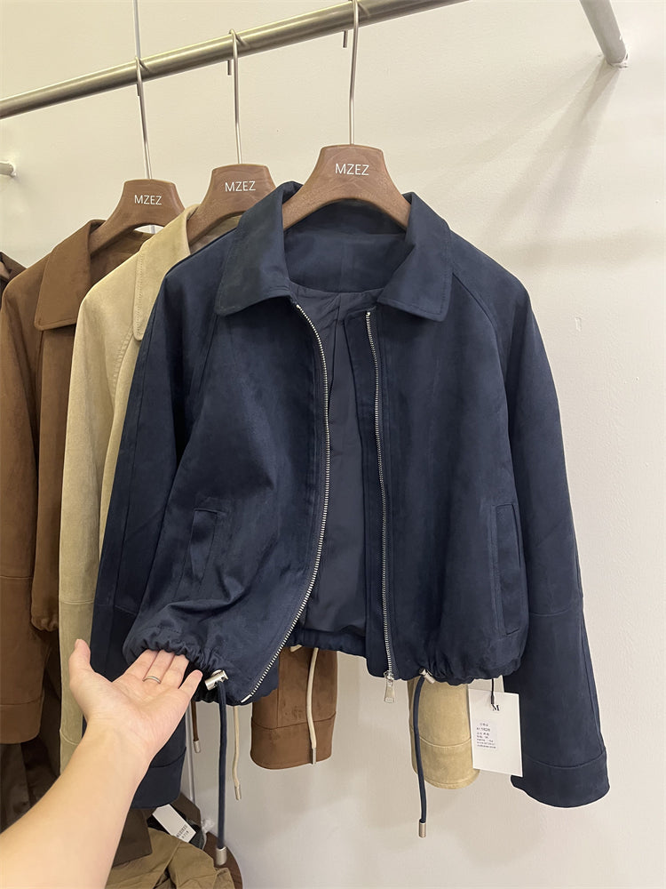 Qadın üçün qısa zamşa gödəkçə, yeni 2026 yaz, Avropa üslubunda, polo yaxası, zərif miniatür üslubda, motosiklet beysbol gödəkçəsi.