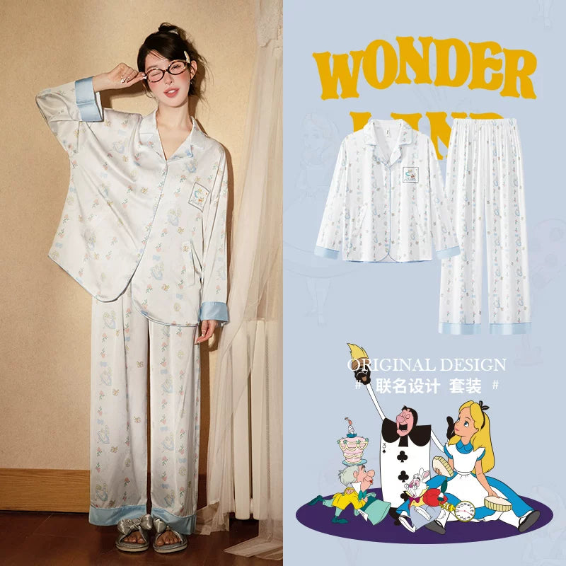 Gongdie [Yüngül və Yumşaq] Disney Marie Pişik Pijamaları Qadınlar üçün Yaz və Payız Uzunqol Gündəlik Buz İpək Üst Geyimi Ev Geyimi