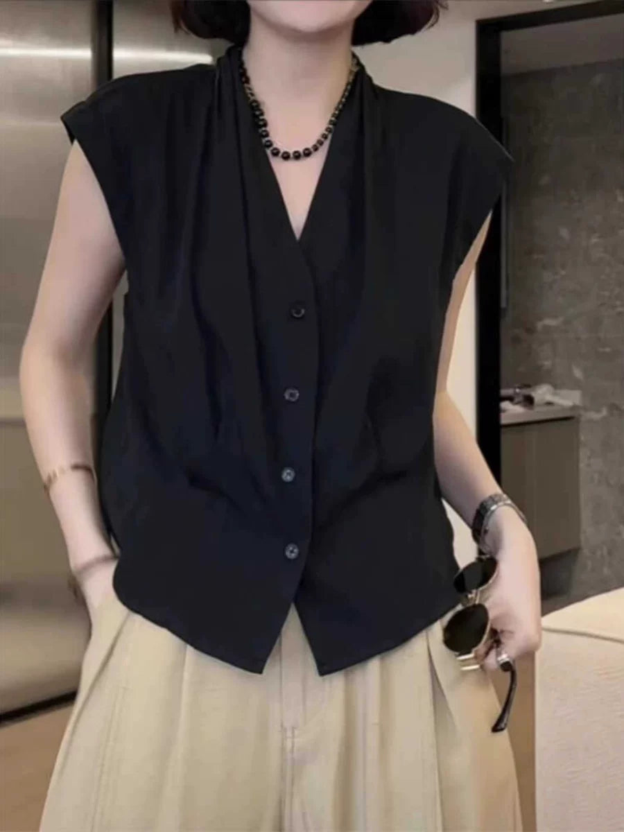 Avropa üslubunda qara V-yaxalı qadınlar üçün futbolka, yeni yay üslubunda, böyük ölçüdə, geniş formada, dəbli köynək, yüksək səviyyəli dizayner qolsuz top.