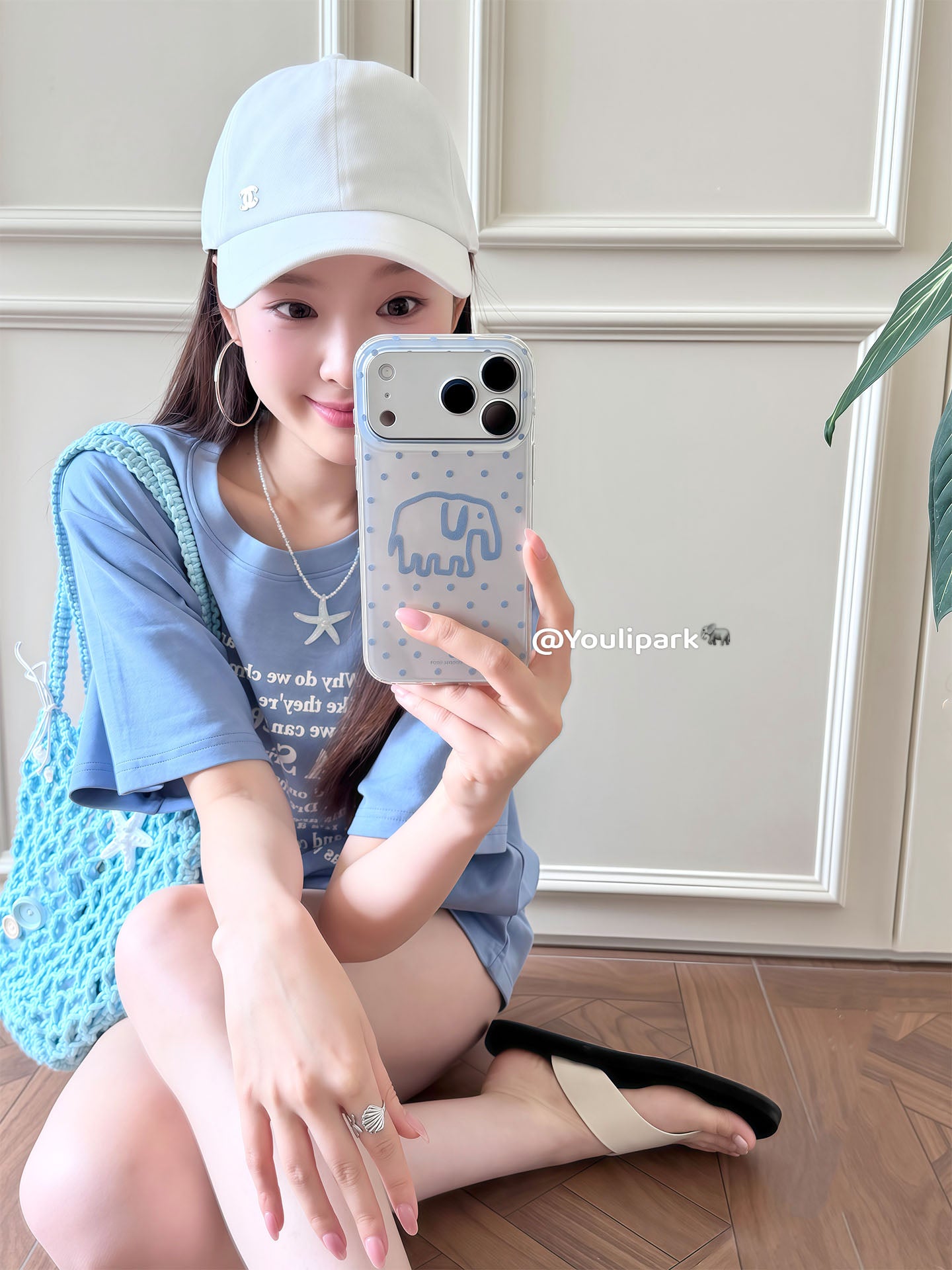 Yuri Park ins Koreya üslubunda şirin dəniz duzu mavi polka nöqtəli xətlər fil 17 17pro Apple 17ProMax mobil telefon qutusu iPhone16 hər şey daxil 14 yeni 16Promax qadınlar üçün qoruyucu örtük