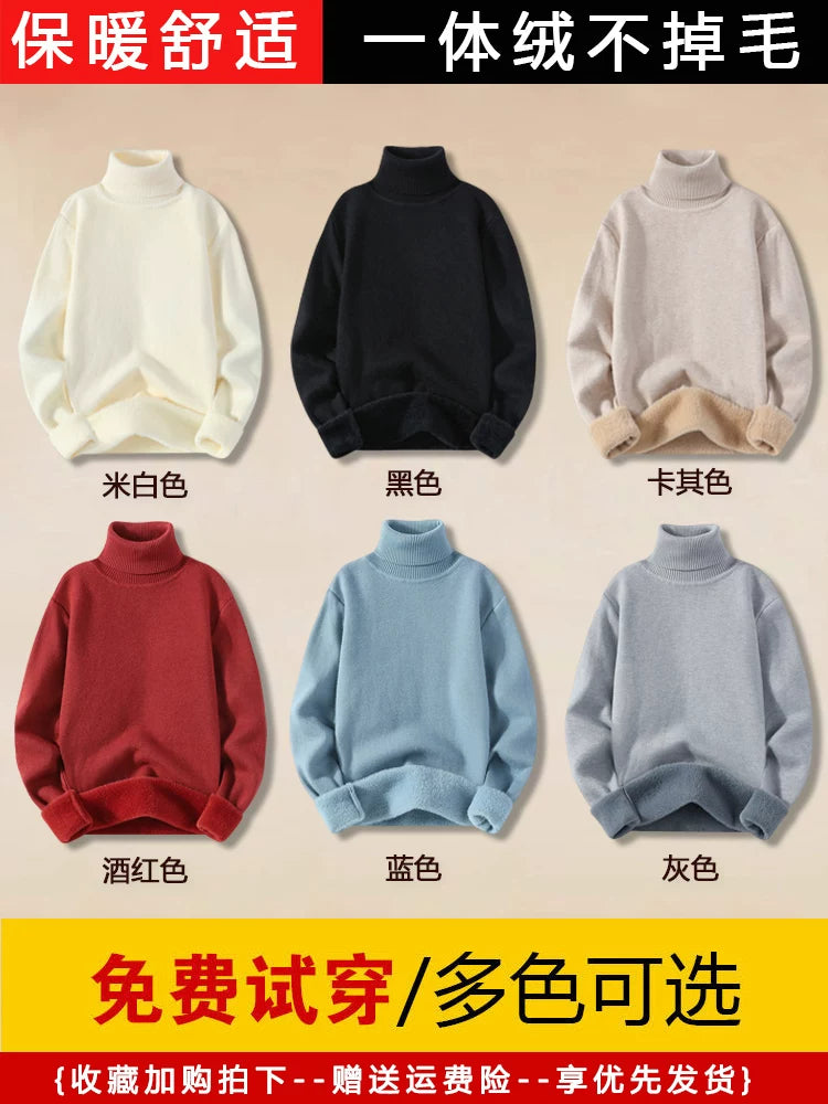 Kişilər üçün balıqçı yaxalı sviter, yun sviter, payız və qış iç qatı, flis astarlı, qalınlaşdırılmış ağ bir hissəli flis trikotaj