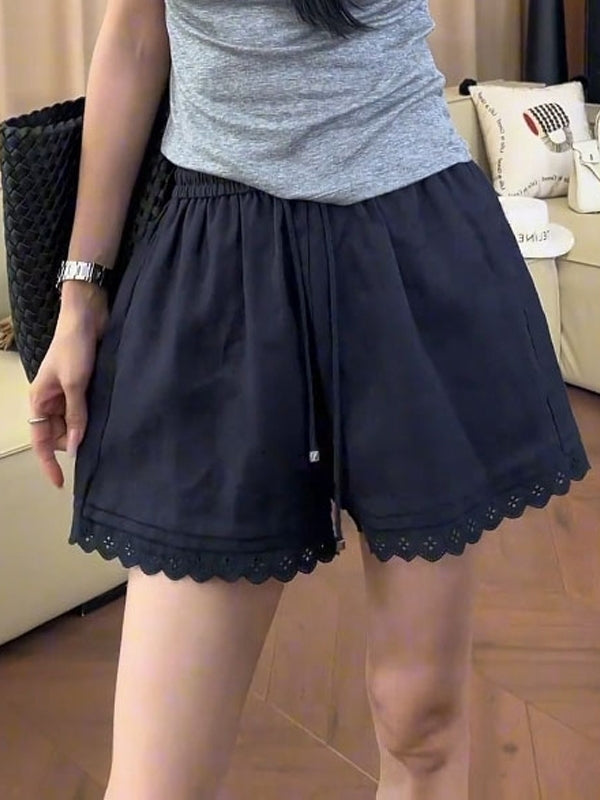 Böyük Ölçülü Qadın Krujevalı Trimli Təsadüfi Şortlar 2026 Yay Yeni Stil Boş Uyğunluq Arıqladıcı Yüksək Bel Geniş Ayaqlı İsti Şalvar