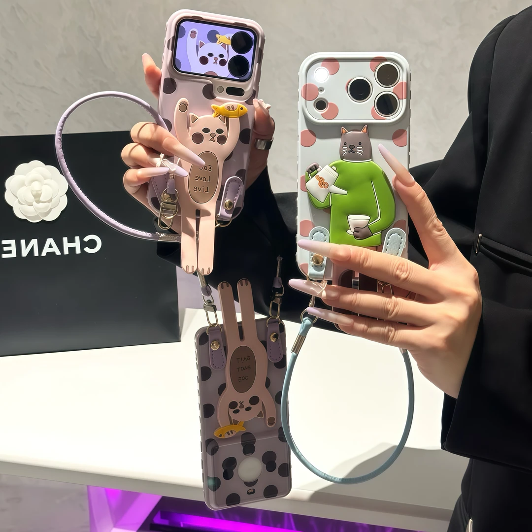 Apple 17promax mobil telefon qutusu Huawei mate60pro yeni p70 sevimli Reno15 yaradıcı s20/x300 fərdiləşdirilmiş Xiaomi 17 qadın şöhrəti üçün uyğun İnternet məşhurunun sevimli pişik tutacağı lanyard