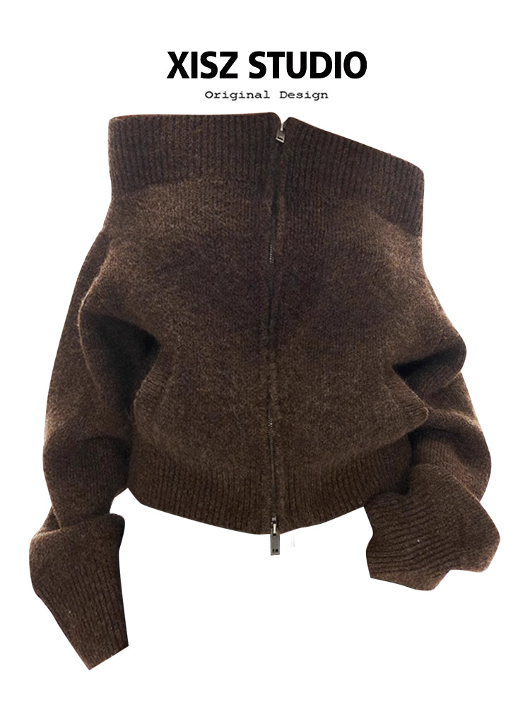 Qadınlar üçün retro-şık, çiyinləri açıq, fermuarlı kardiqan, payız və qış üçün mükəmməl, zərif və arıqladıcı.