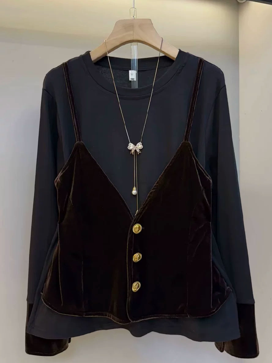 2025 Autumn/Winter Plus Size Women's Clothing - Super Cute Korean Style Casual Design, Lightweight Luxury Velvet Faux Two-Piece Camisole Top