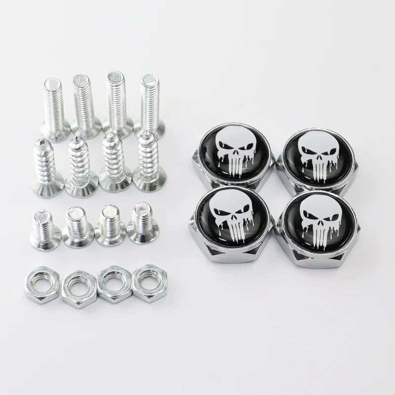 Universal screws for cars, motorcycles and electric vehicles; screws for license plate holders, nuts and frames; screws with skull design