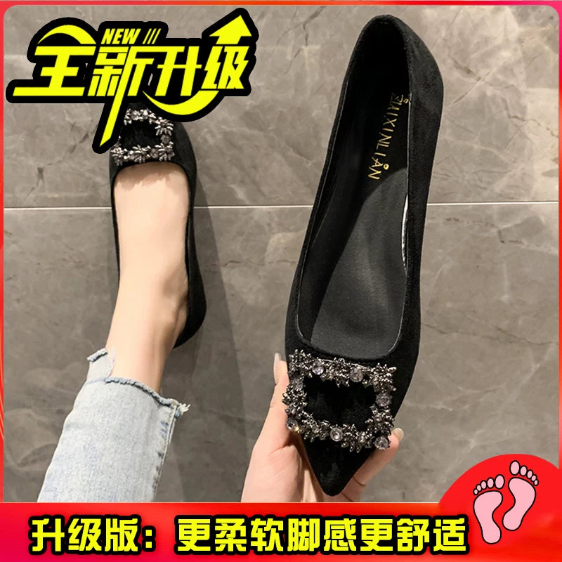 Qadınlar üçün 2025 Yeni Stil Zamşa Düz Rhinestone Tokalı Tək Ayaqqabı, Dayaz Ağız, Uclu Barmaq, Yumşaq Altlıq, Çoxfunksiyalı Qara Peşəkar İş Ayaqqabıları