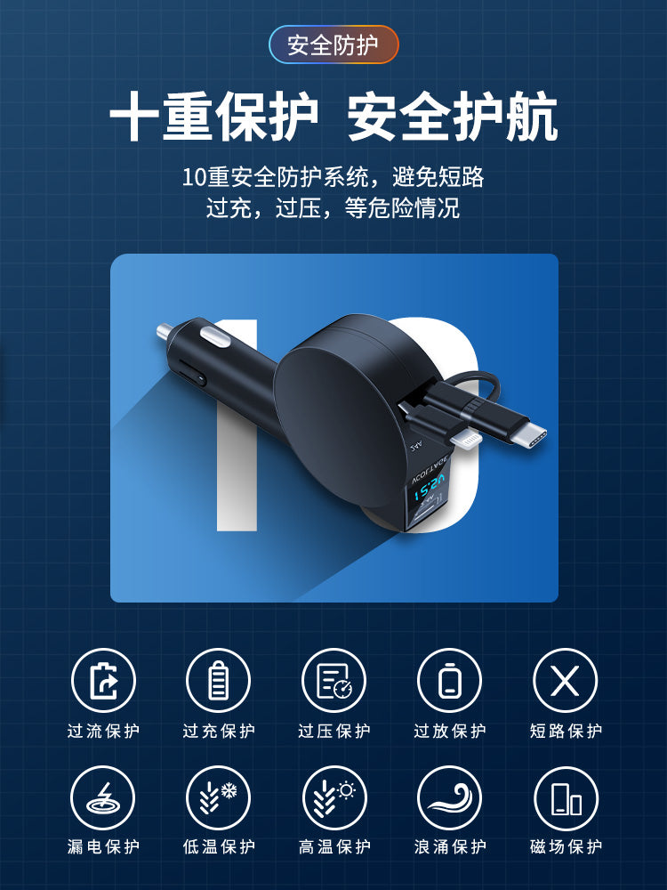 One-to-three car charger, super fast charging, 40W car charger, cigarette lighter adapter, retractable car charger