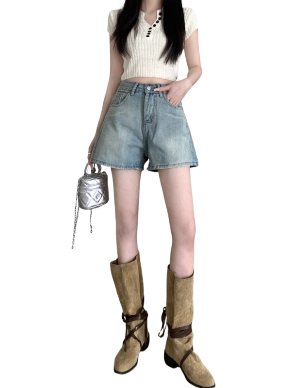 Qadınlar üçün böyük ölçülü retro yüksək belli düz ayaqlı cins şalvar, yeni yay stili, arıqladıcı geniş ayaqlı isti şalvar, çoxfunksiyalı şortlar