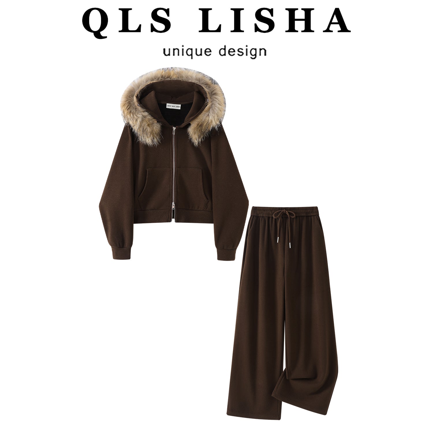 Cholisa Qadınlar üçün Çıxarıla Bilən Yun Yaxalıqlı Sviter Dəsti, Payız/Qış, Dəbli Başlıqlı Gödəkçə və Geniş Ayaqlı Şalvar İki Hissəli Dəst