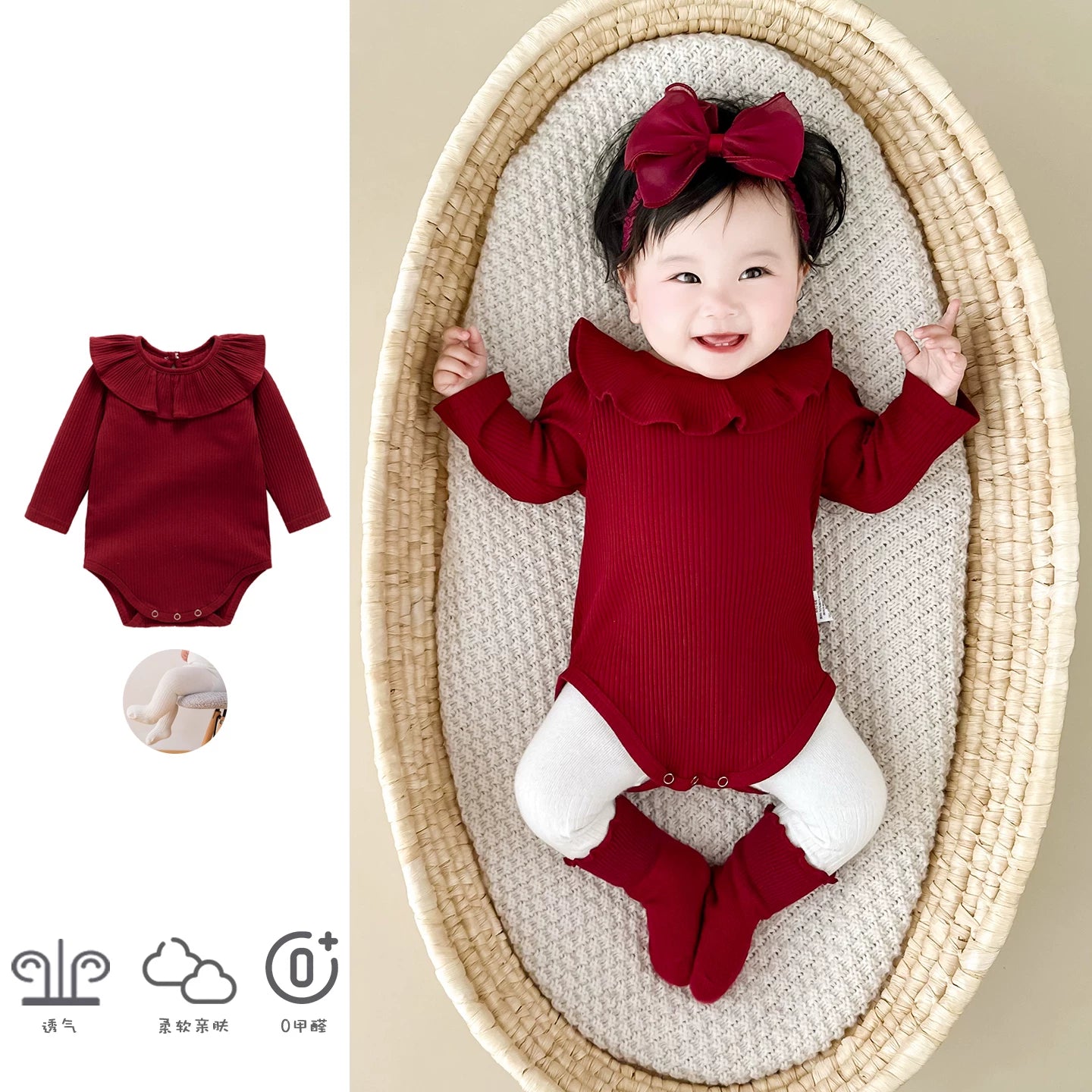 Qızlar üçün Fransız Uamtor Payız Körpə Onesi, Tam Ay/100 Günlük Şahzadə Romperi, Qırmızı Bəzəkli Kostyum