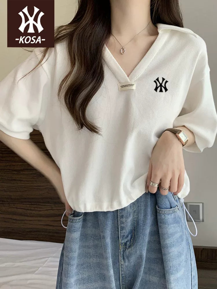 [Stokda olan brend] Satış nöqtələrində sürətli satış丨Qadınlar üçün yay üçün qısaqol köynək yeni stil polo yaxası boş top moda