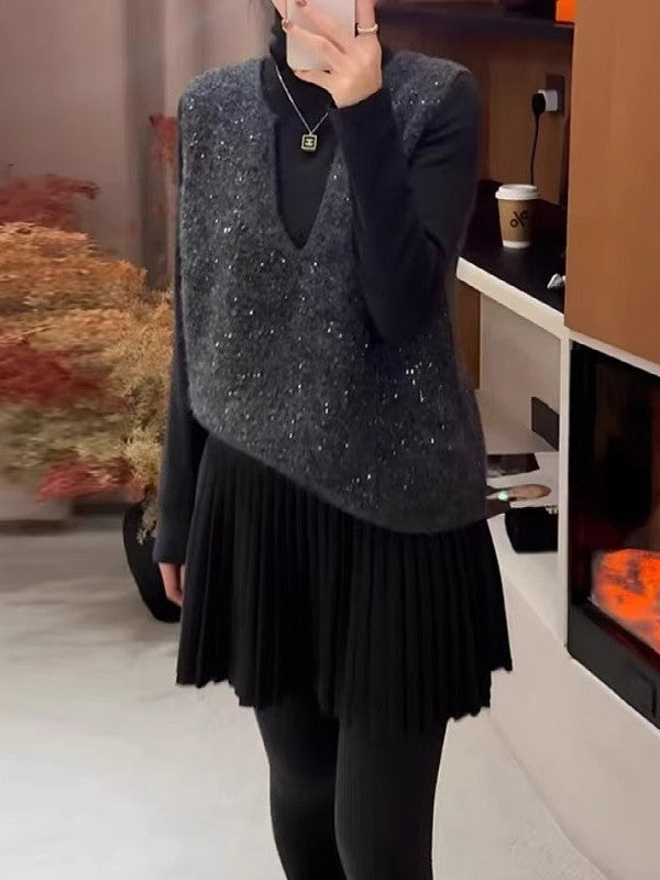 Qadınlar üçün Avropa üslubunda muncuqlu qolsuz toxunma jilet, payız və qış, böyük ölçüdə, geniş formada, yüksək səviyyəli model.