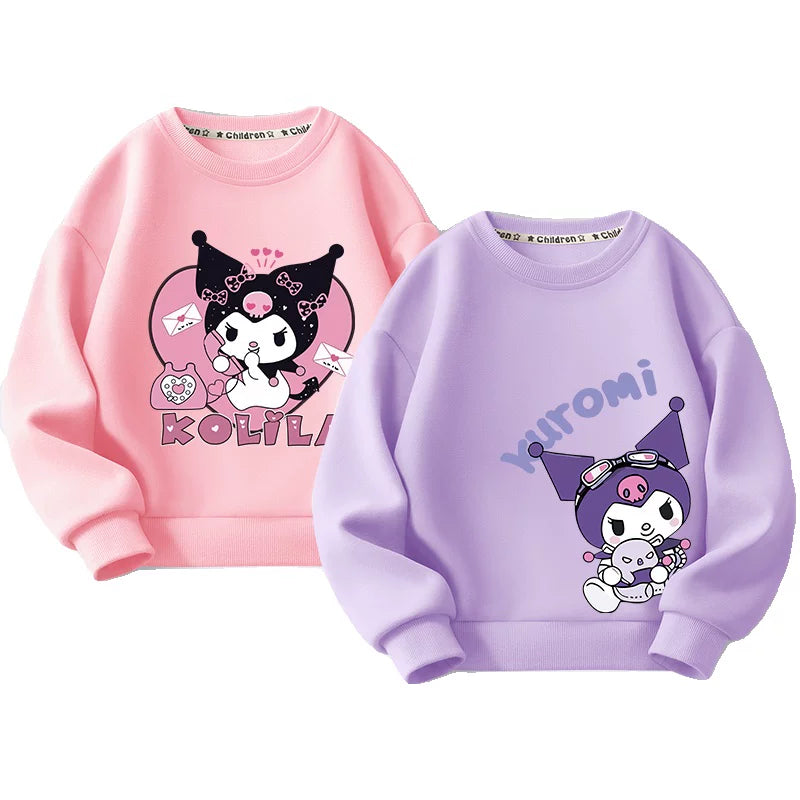 Kuromi Qızlar üçün Sweatshirt Payız/Qış 2024 Yeni Model Dəbli, Yun Astarlı Kürək Yaxalı Top Qızlar və Böyük Uşaqlar üçün
