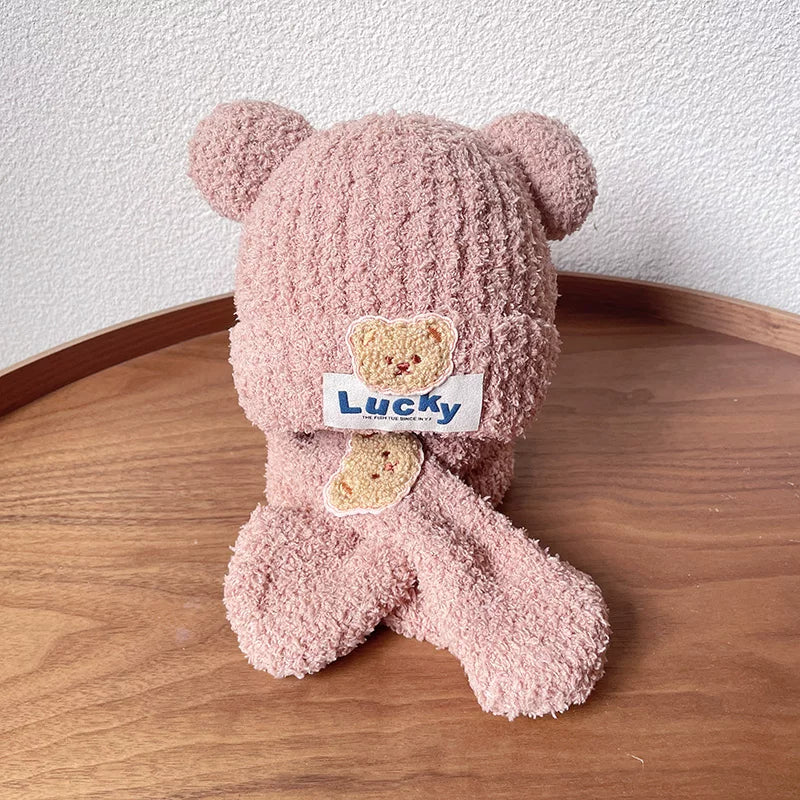 Körpə papağı və şarfı iki hissəli dəst, şirin ayı körpəsi qulaqcıqlı papaq, qalın və isti, oğlan və qızlar üçün, payız və qış üçün idealdır.