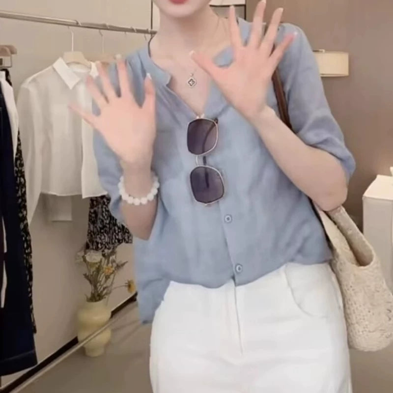 Qadınlar üçün Böyük Ölçülü Yay V-Yakalı Ramie QısaQollu Köynək, 2026 Yeni Model, Boş Forma, Pambıq Kətan Köynək, Çoxfunksiyalı Gündəlik Top