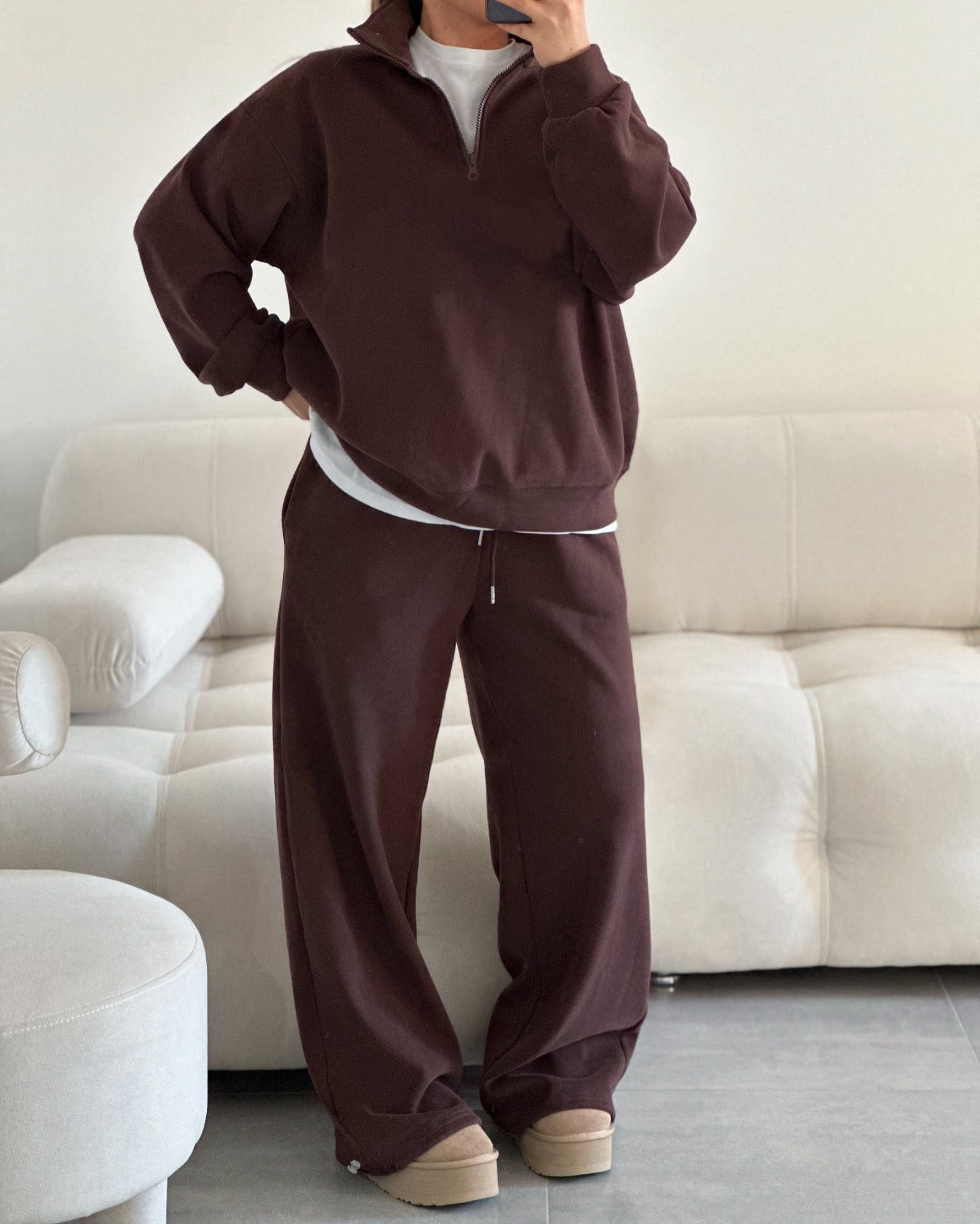 European and American style loose, half-zip shirt and pants set