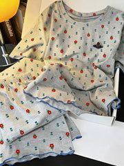 Qadınlar üçün retro çiçəkli pijama yay 2026 yeni şirin böyük ölçülü qısaqol şalvar yay təmiz pambıq ev paltarı dəsti