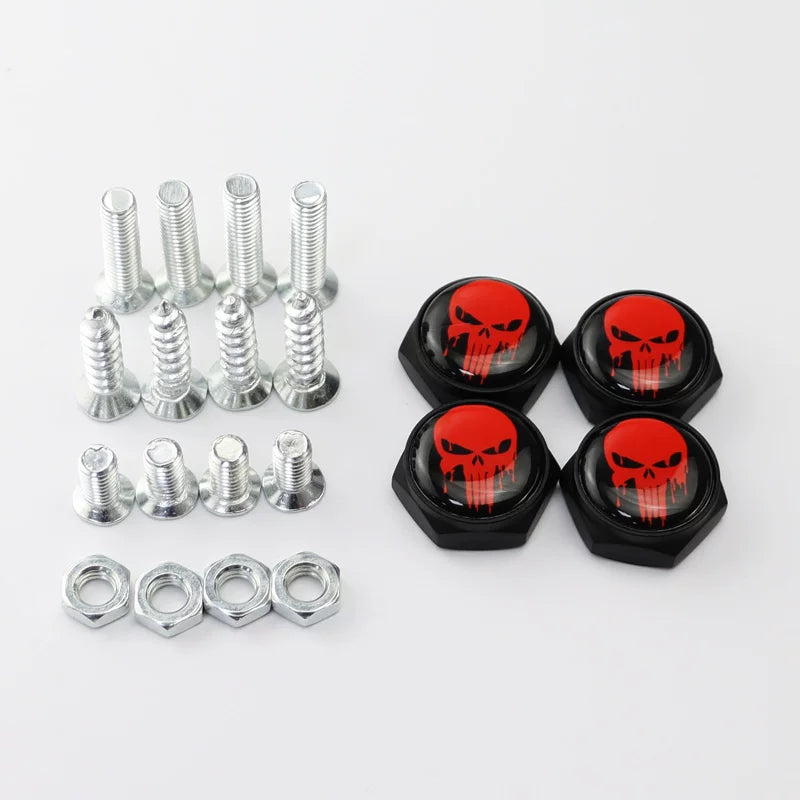 Universal screws for cars, motorcycles and electric vehicles; screws for license plate holders, nuts and frames; screws with skull design