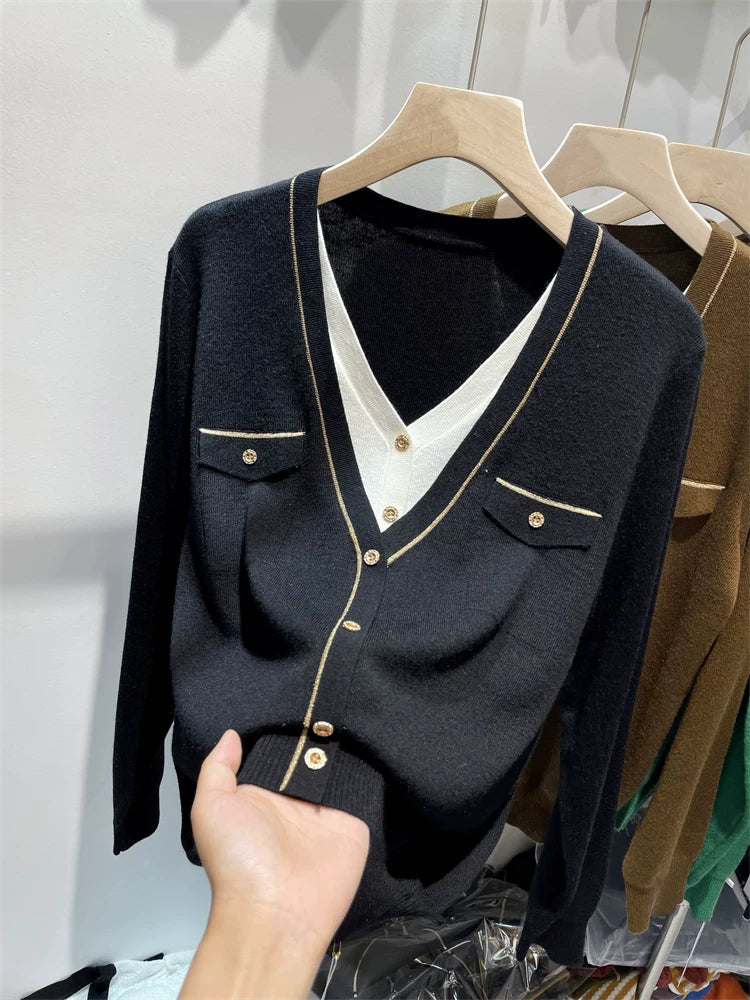 Loose and slimming [80-200 pounds] faux two-piece knit sweater for women, autumn and winter, stylish and fashionable sweater.