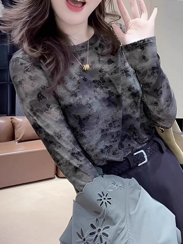 Qadınlar üçün retro tay-boya naxışlı uzunqol əsas qatlı futbolka, erkən yaz, böyük ölçüdə, arıqladıcı, şık, unikal və incə top.