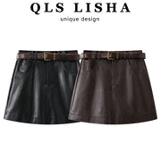 Cholisa Qəhvəyi PU Bodycon Mini Dəri Ətək Qadın Payız/Qış 2026/Erkən Yaz Maillard Yüksək Belli A-Xəttli Qısa Ətək