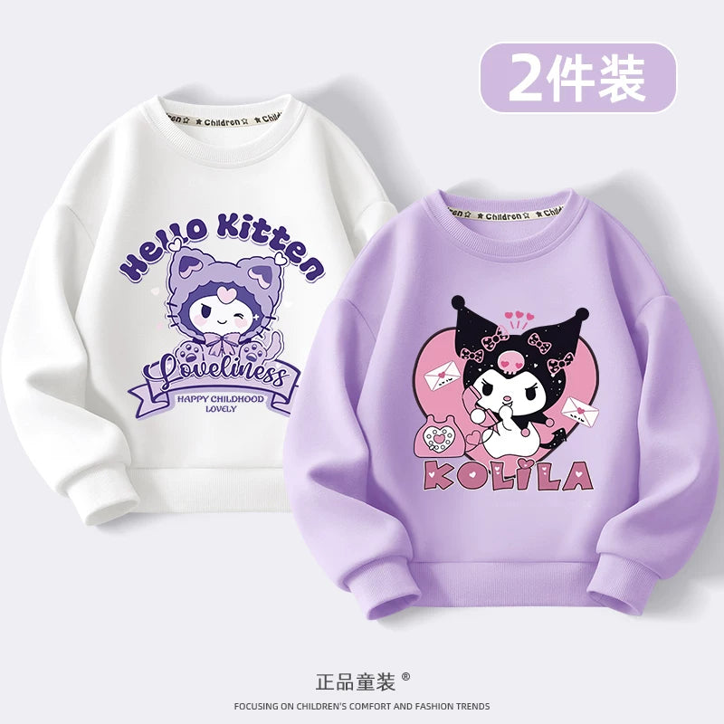 Kuromi Qızlar üçün Sweatshirt Payız/Qış 2024 Yeni Model Dəbli, Yun Astarlı Kürək Yaxalı Top Qızlar və Böyük Uşaqlar üçün