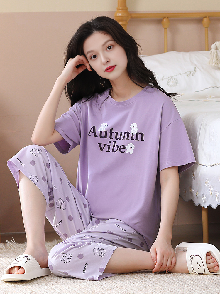 Fenton qadın pijama yay təmiz pambıq nazik qısaqol qısaqol şalvar kostyumu qadın təmiz pambıq sevimli gündəlik ev geyimi