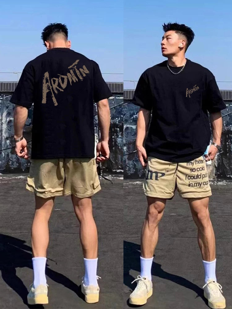 Moda brendi retro kreativ məktub qısaqol kişi yay köynəyi ağır pambıq boş və yaraşıqlı kiçik dekolteli top