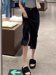 Armud formalı yarıqlı denim midi ətək, 2026 yay stili, nazik, arıqladıcı, böyük ölçüdə, qüsurları gizlədir, orta uzunluqlu A-xəttli ətək.