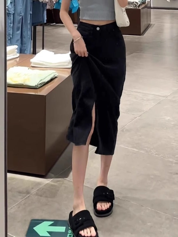 Armud formalı yarıqlı denim midi ətək, 2026 yay stili, nazik, arıqladıcı, böyük ölçüdə, qüsurları gizlədir, orta uzunluqlu A-xəttli ətək.