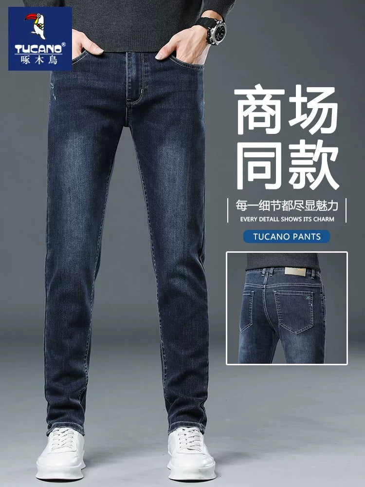 Ağacdələn yaz və payız yeni jeans kişi nazik düz elastik yüksək səviyyəli kişi şalvarları kişilər üçün yay nazik gündəlik şalvar