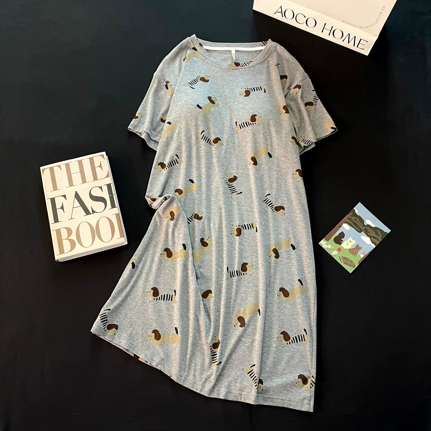 Qadınlar üçün moda gecə paltarı yay təmiz pambıq qısaqol pijama böyük ölçülü sərin döş yastığı ilə çiçək səbəti pişik yay ev geyimi