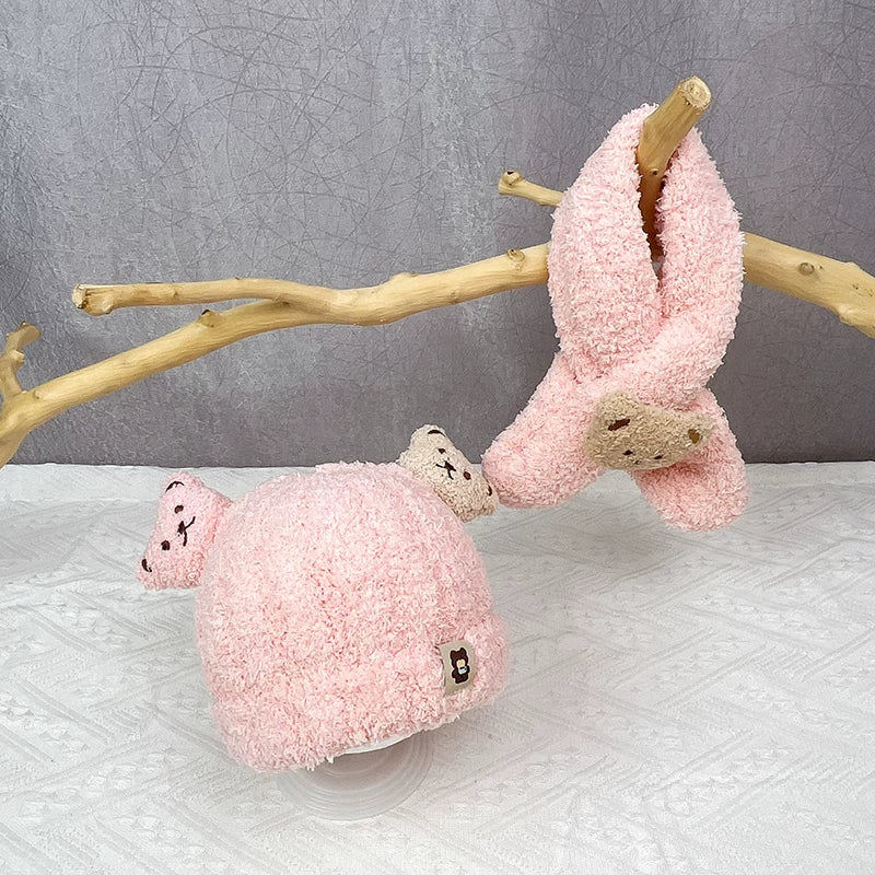 Körpə papağı və şarfı iki hissəli dəst, şirin ayı körpəsi qulaqcıqlı papaq, qalın və isti, oğlan və qızlar üçün, payız və qış üçün idealdır.