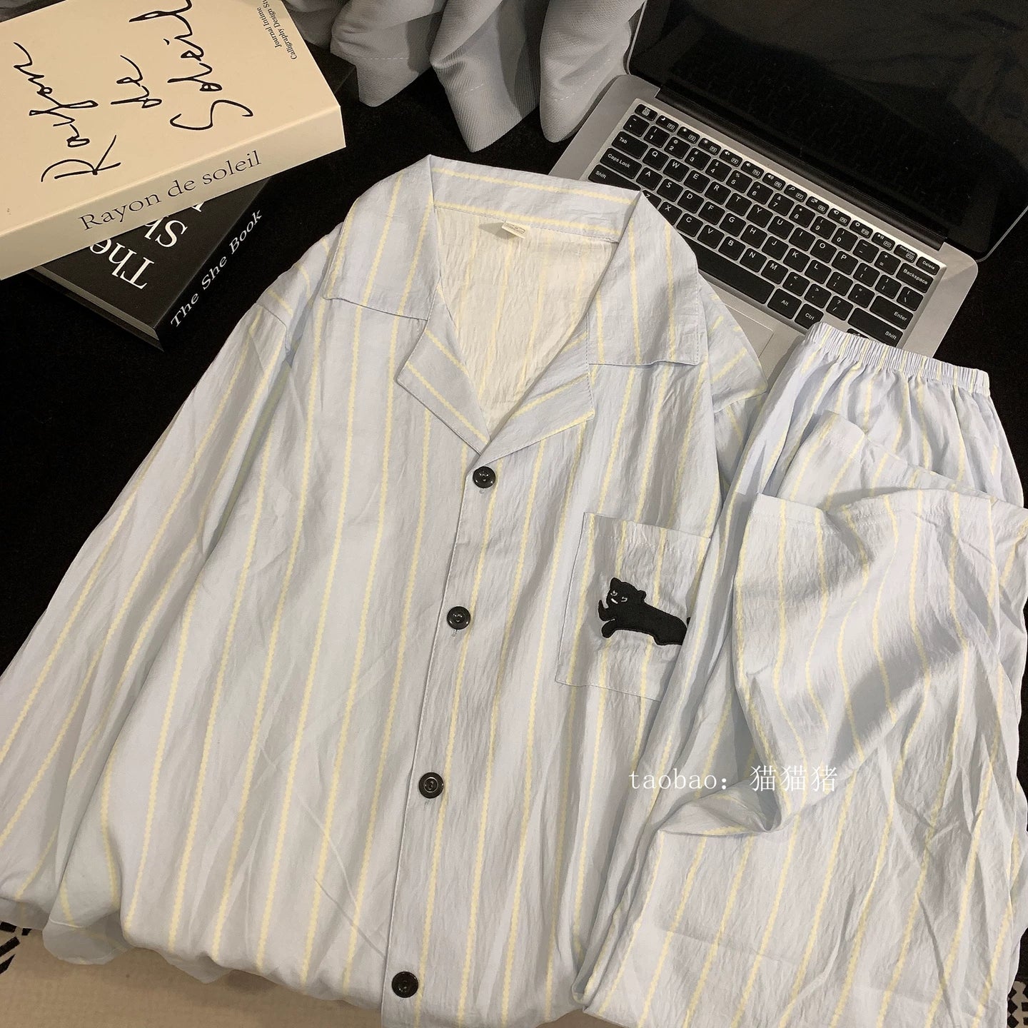 Naxışlı qara pişik cüt kişi və qadın pijama təmiz pambıq cuna üç hissəli yay qısaqol zolaqlı böyük ölçülü nazik ev paltarı