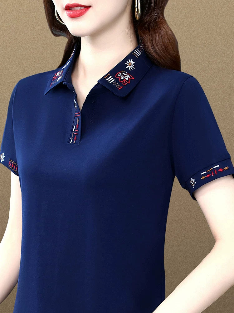 Orta yaşlı qadın qısaqol köynək qadın yay yeni brend moda yay böyük ölçülü yüksək səviyyəli polo köynək nazik və qəşəng