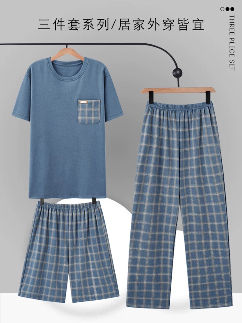 Fentonkoan xalis pambıq pijama kişi yay qısaqol şalvarını çöldə geymək olar böyük ölçülü kişi ev paltarı üç parçalı kostyum