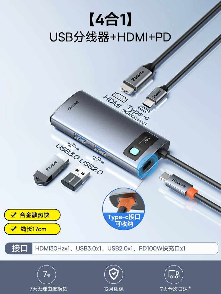 Baseus dok stansiyası Type-C-dən HDMI proyeksiyasına USB splitter adapter mərkəzi Kompüterlər, iPad-lər, noutbuklar, planşetlər və mobil telefonlar üçün Thunderbolt 4 çoxportlu Ethernet çeviricisi