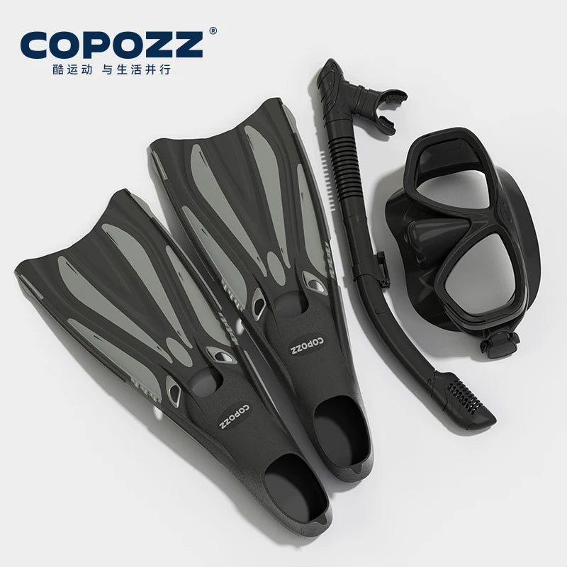 COPOZZ snorkeling üç xəzinə dəsti miyopiya dalğıc maskası boğulma əleyhinə tam quru nəfəs borusu uzun üzgəclər snorkeling avadanlığı