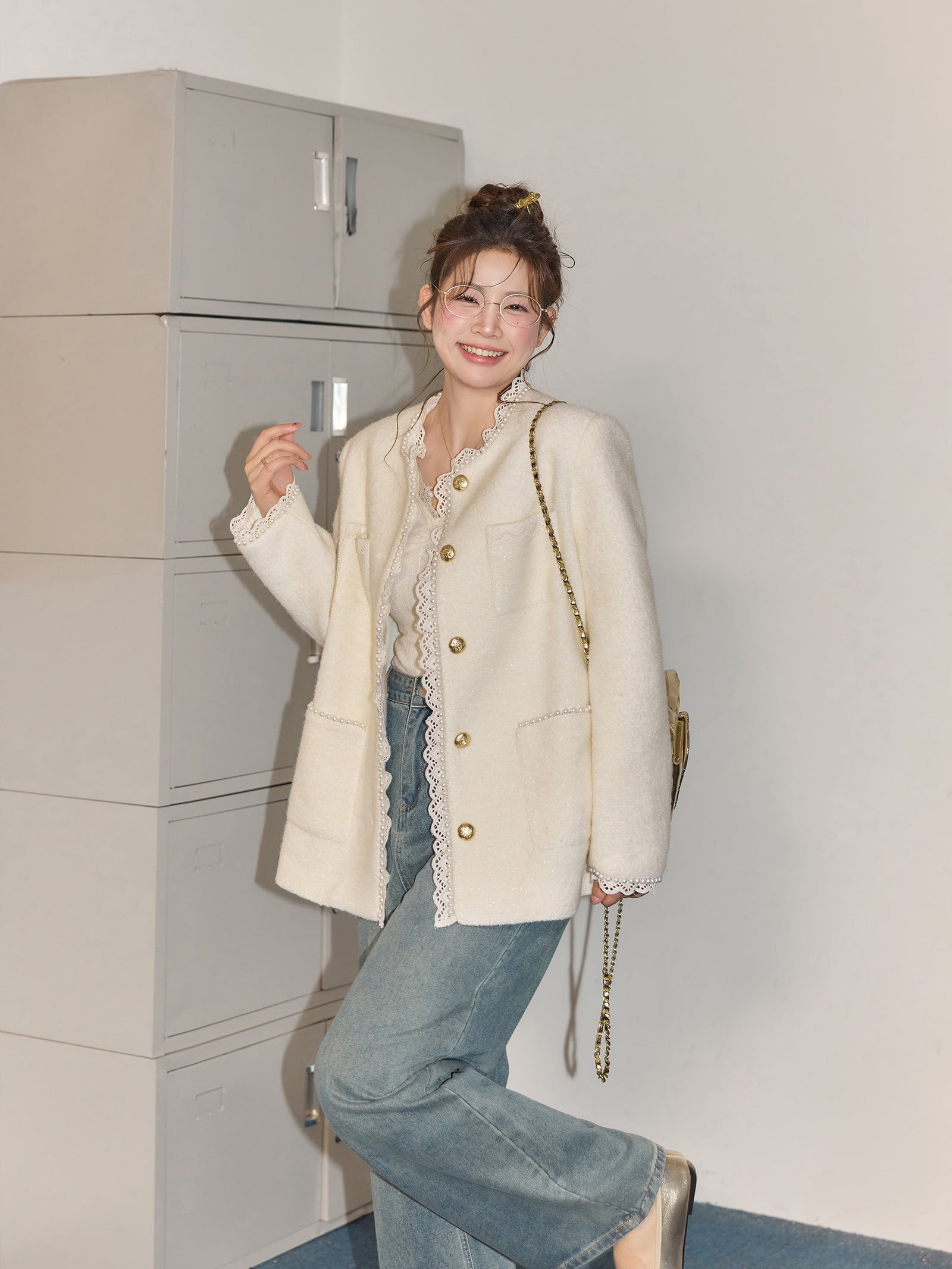 Zhang Daren Böyük Ölçülü Qadın Geyim Dəsti - Fransız Qəşəng Chanel Üslubunda Gödəkçə, Geniş Ayaqlı Şalvar və Cins Şalvar