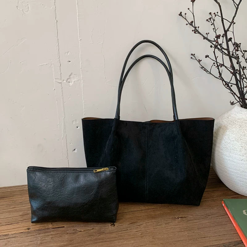 [Ana və Qız Çantaları] İş və Yol-Gəliş Üçün Sadə Bütöv Rəngli Böyük Tutumlu Zamşa Çanta, 2025 Yeni Trend Stil