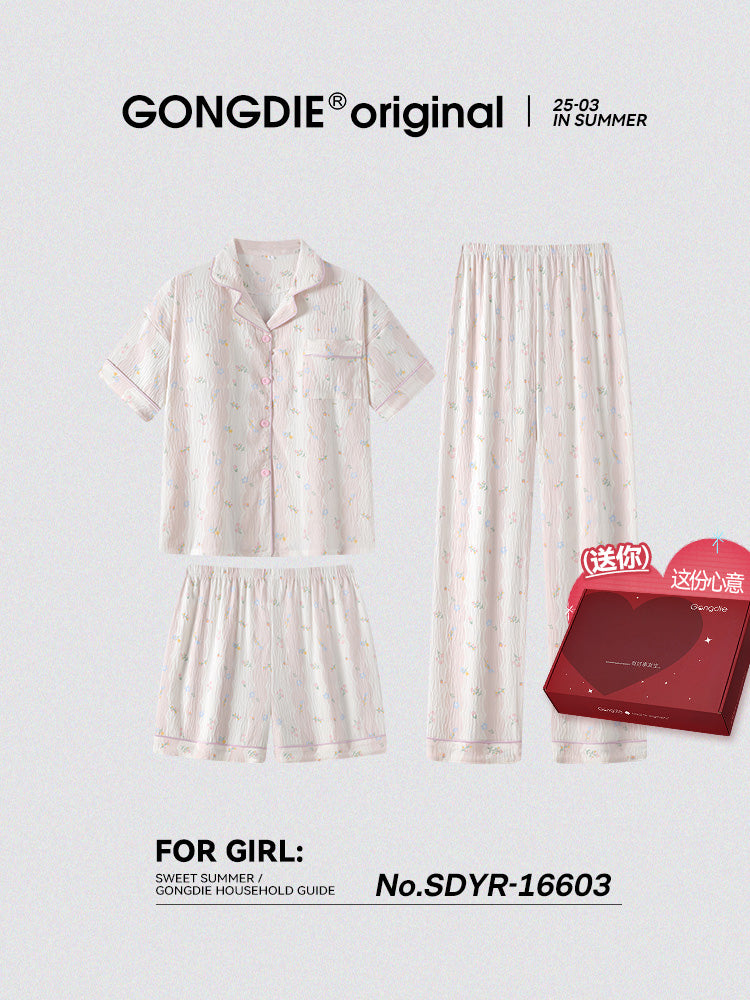 Gong Die [3 parça dəst] qadınlar üçün döş yastıqlı yay pijama, gündəlik sərin üst geyim, qısaqol şalvar, köynək, ev paltarı