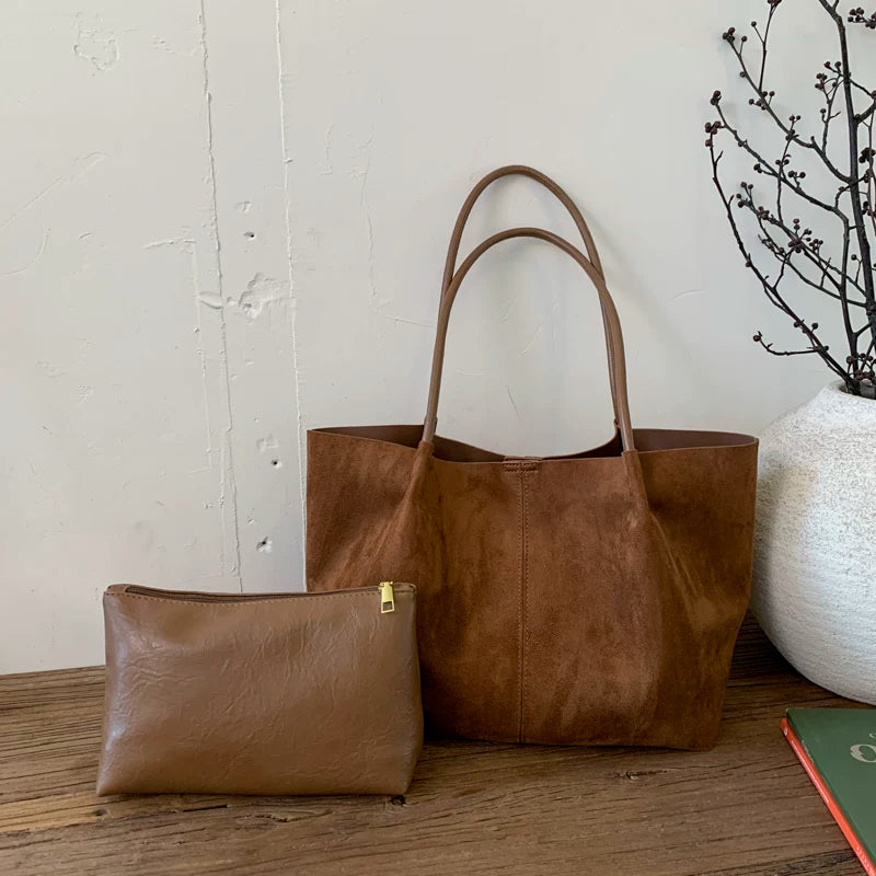 [Ana və Qız Çantaları] İş və Yol-Gəliş Üçün Sadə Bütöv Rəngli Böyük Tutumlu Zamşa Çanta, 2025 Yeni Trend Stil