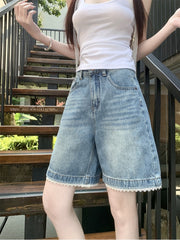 Qadınlar üçün böyük ölçülü retro mavi denim şortlar, yay üslubunda, yüksək belli, arıqladıcı, düz ayaqlı, geniş ayaqlı, A-xəttli, orta uzunluqlu şortlar.