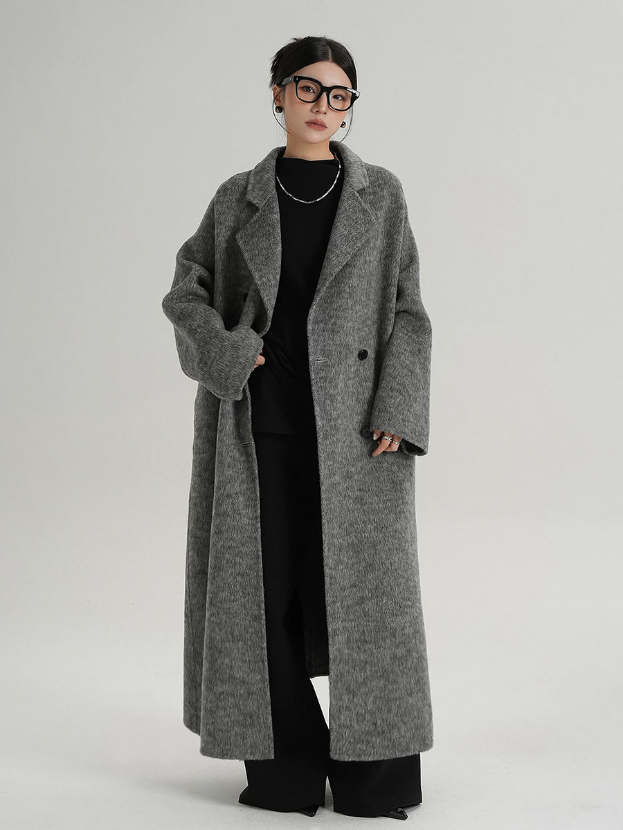 Hündür qadın üçün ikiüzlü yun palto, əlavə uzun, 2025 payız/qış üslubunda, boz, Koreya üslubunda, tüklü yun palto.
