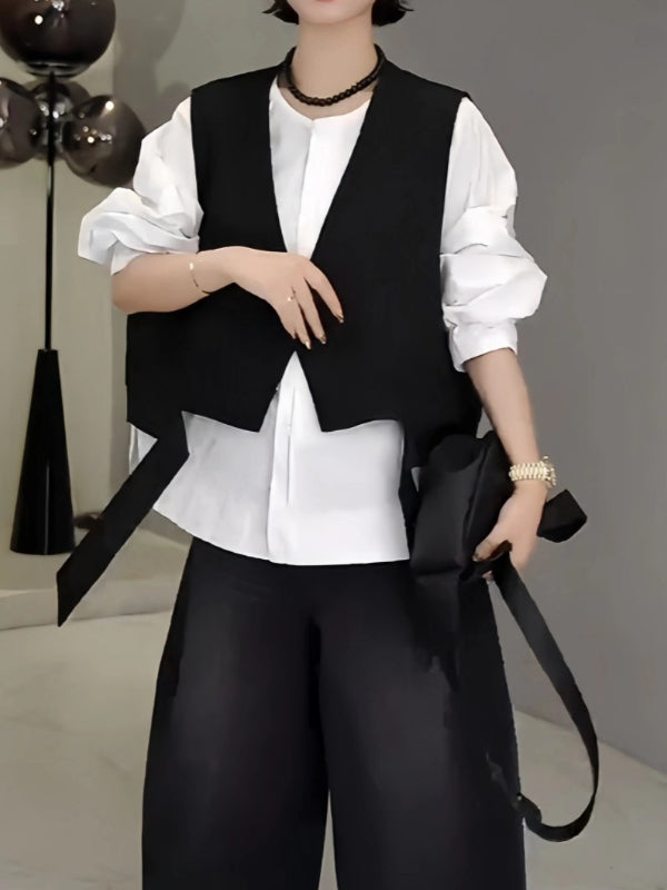 Böyük ölçülü qadın üçün qeyri-müntəzəm qatlı kostyum jilet, yeni 2026-cı ilin yaz üslubunda, dəbli və şık qısa jilet top.