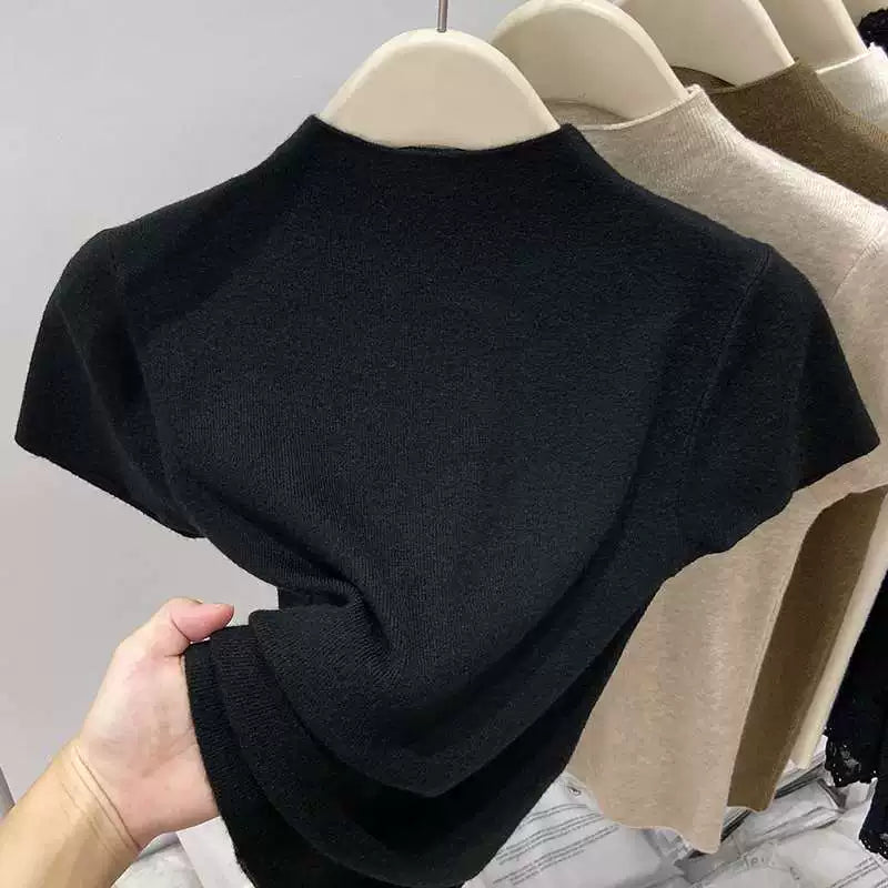 2025 Payız Yeni Gəlişi Yarım Hündür Yaxalı Yumşaq Qısa Qollu T-Shirt Trikotaj Qadınlar üçün İncə Uyğun Dayanacaqlı Yaxalıqlı Üst Qat