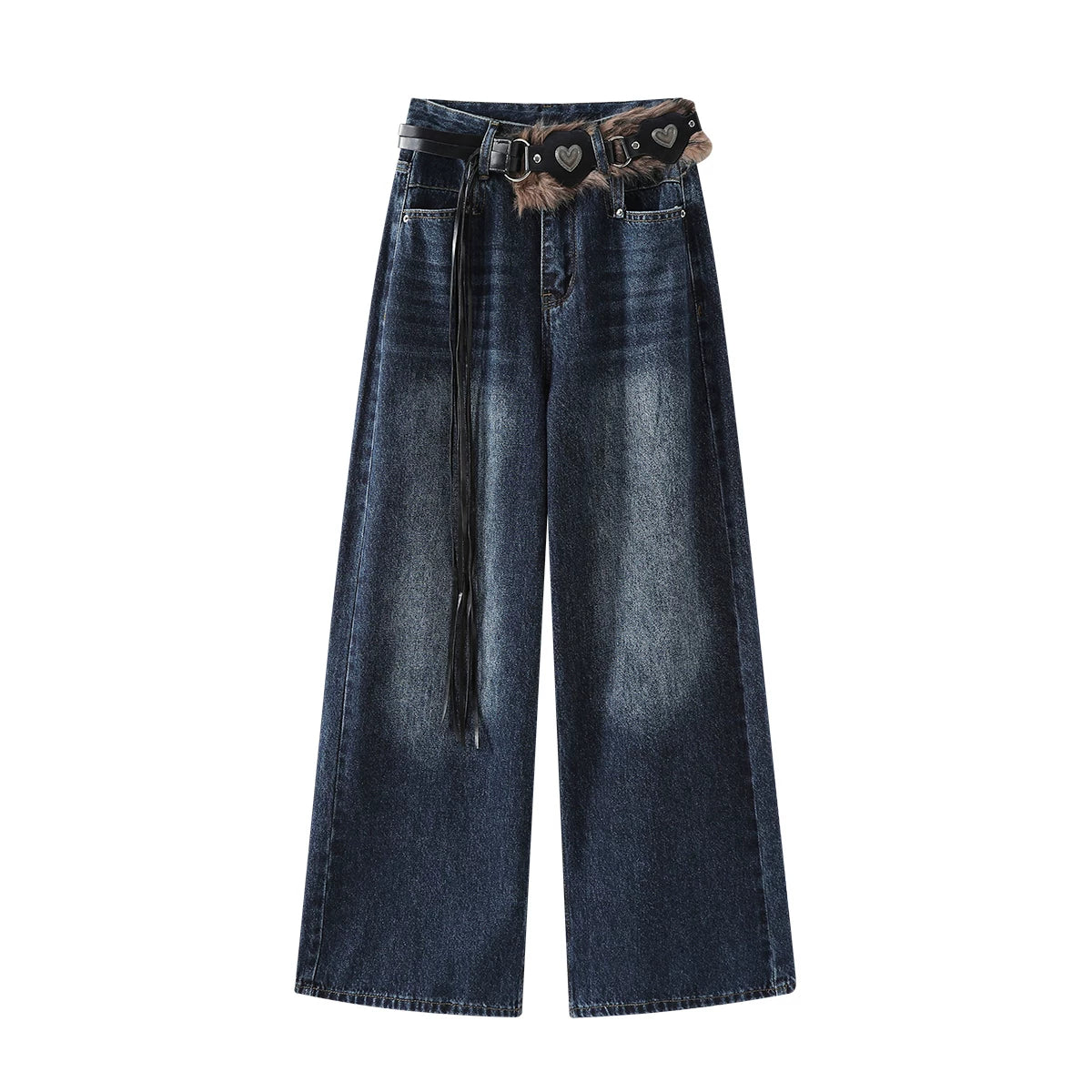 Chorlisa, qadınlar üçün vintage, işlənmiş denim cins şalvar, geniş ayaqlı, boş, çoxfunksiyalı, payız Amerika üslubunda, yüksək belli düz ayaqlı şalvar.